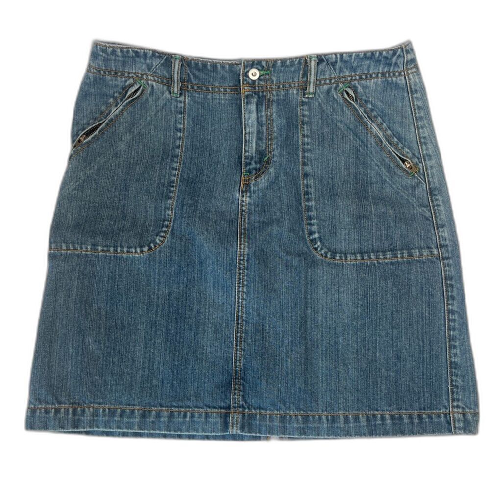 Eddie Bauer Denim Jean Skirt Knee Length 100% Cotton Back Slit Size 8